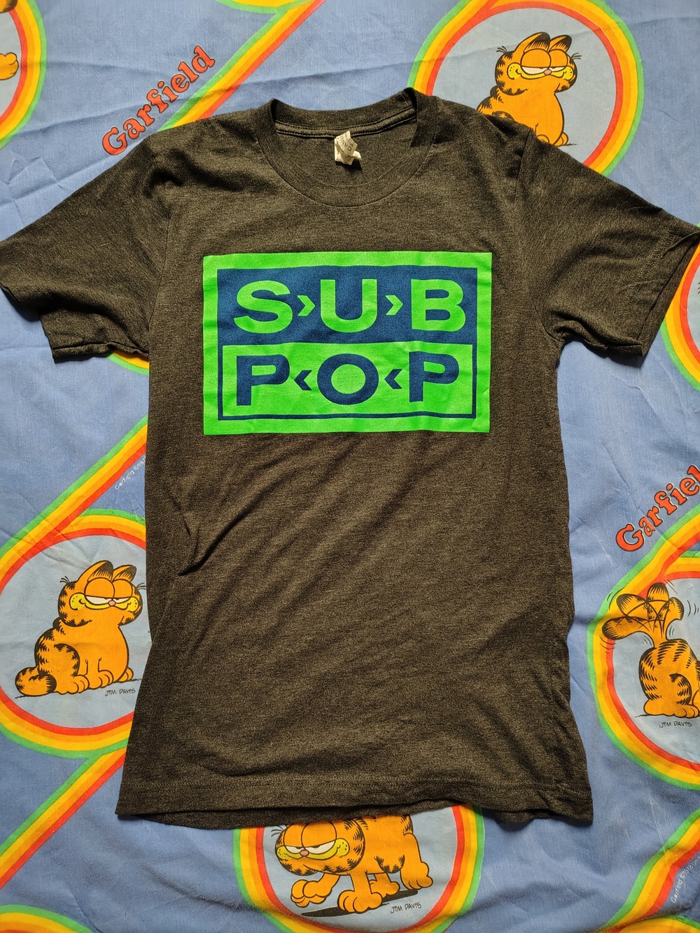 Sub Pop Records Dark Gray T-Shirt Size S Neon Green Blue Logo Indie Rock Punk